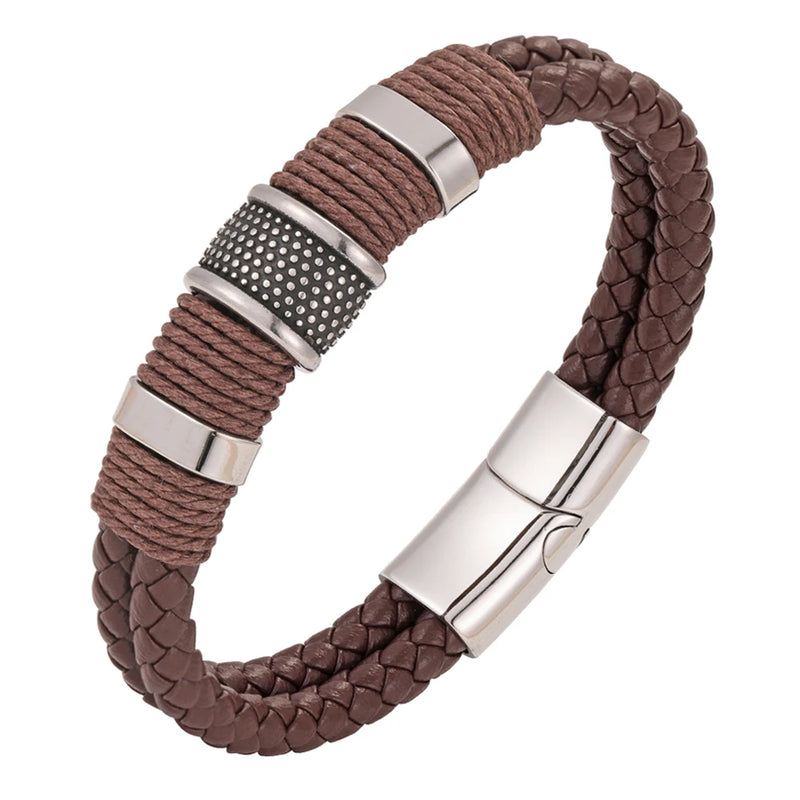 Vintage Multilayer Brown Leather Men Bracelet Stone Bead Bracelet