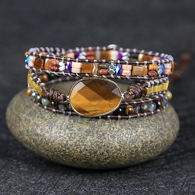 Vintage Natural Stone Bead Tiger Eye Stone Charm Wrap Bracelet