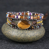 Vintage Natural Stone Bead Tiger Eye Stone Charm Wrap Bracelet