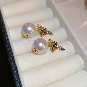 Vintage Pearl Bee Earrings for Women Double Sided Bee Ear Studs