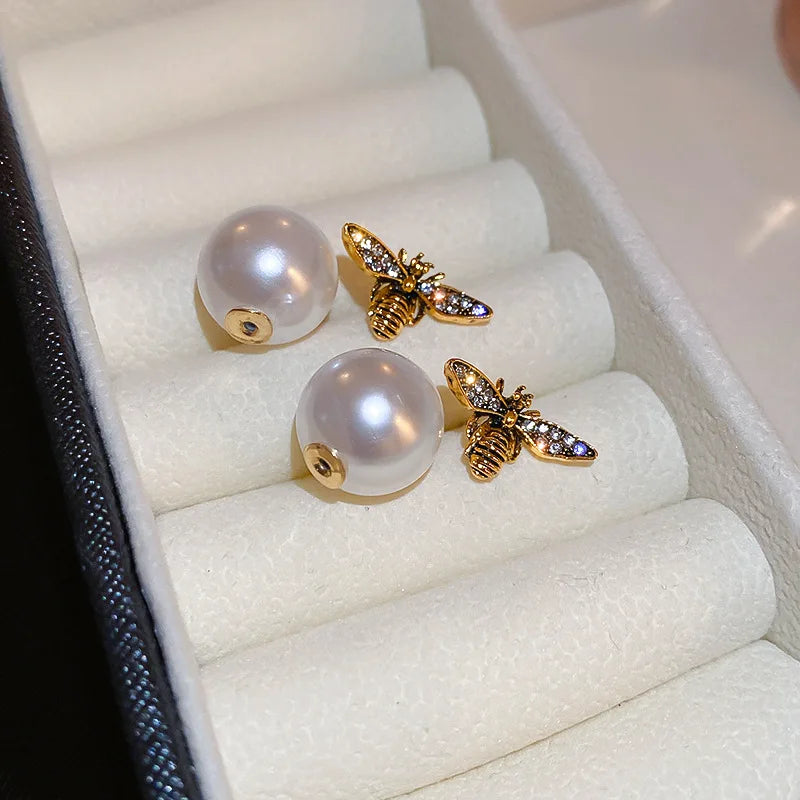 Vintage Pearl Bee Earrings for Women Double Sided Bee Ear Studs