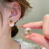 Vintage Pearl Bee Earrings for Women Double Sided Bee Ear Studs