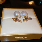 Vintage Pearl Bee Earrings for Women Double Sided Bee Ear Studs