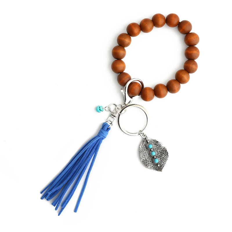 Vintage Pendant Denim Keychain Turquoise Accessory Wooden Beaded Bracelet