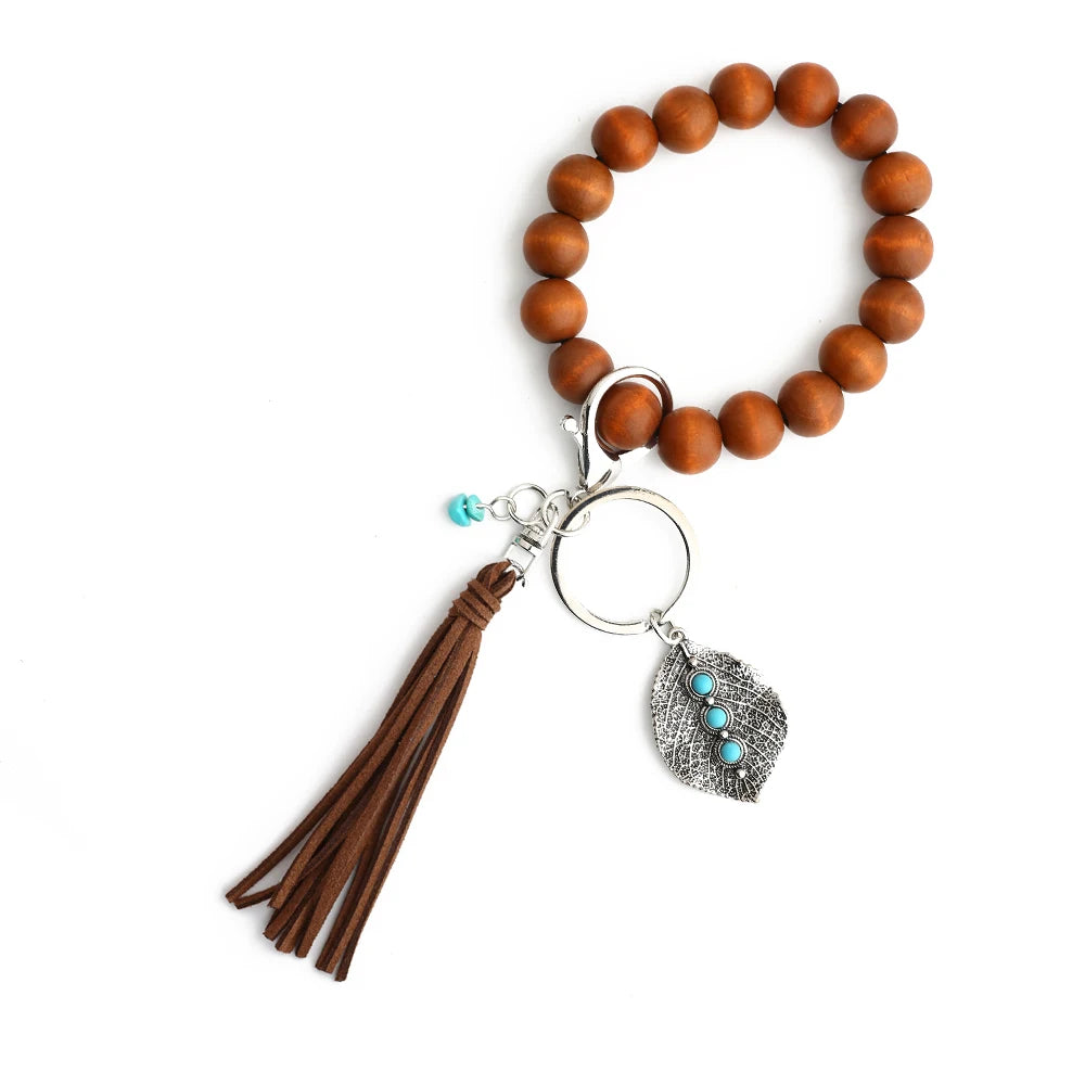Vintage Pendant Denim Keychain Turquoise Accessory Wooden Beaded Bracelet