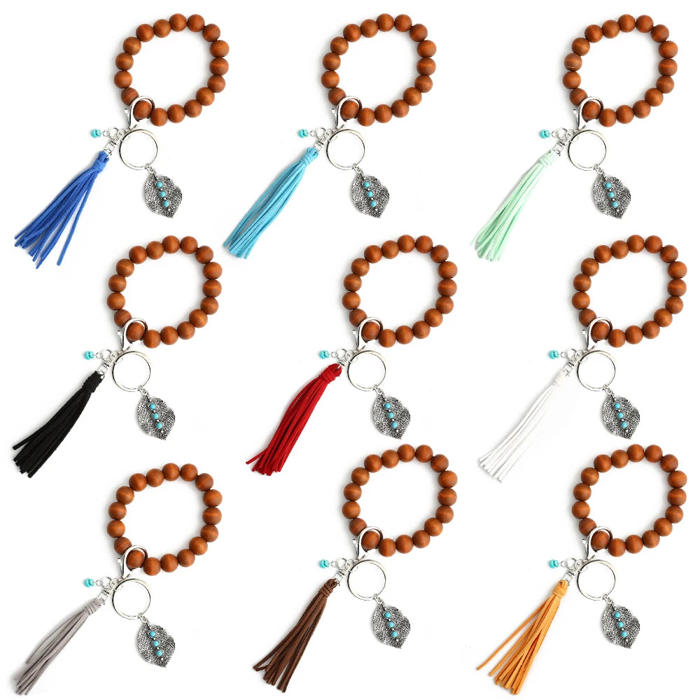 Vintage Pendant Denim Keychain Turquoise Accessory Wooden Beaded Bracelet