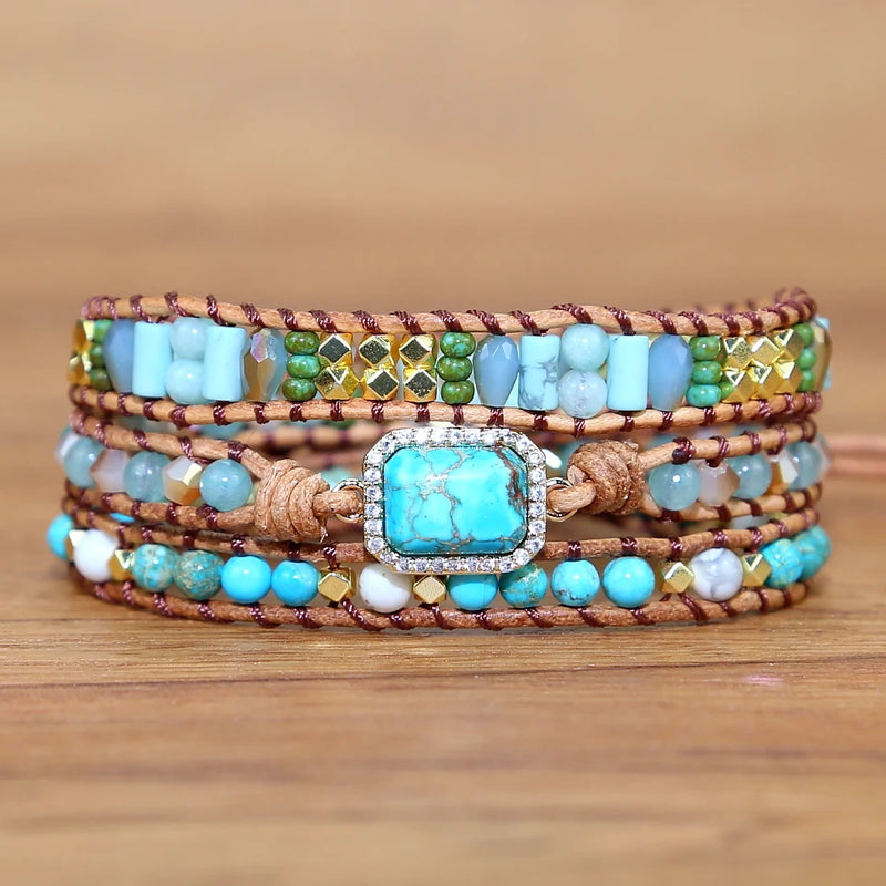 Vintage Natural Stones Beads 3 Strand Wrap Bracelet Bohemia Jewelry