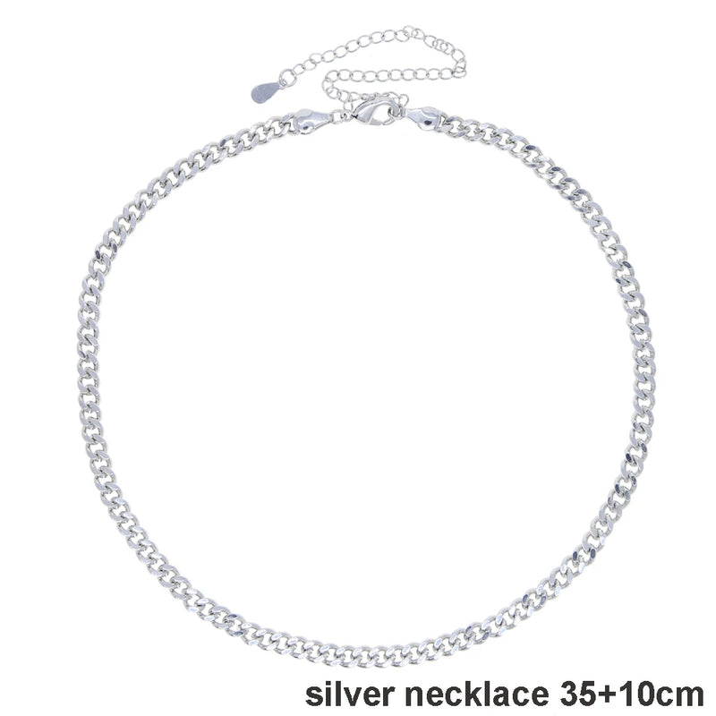 5mm Cuban Link Chain Women Silver Charm Set