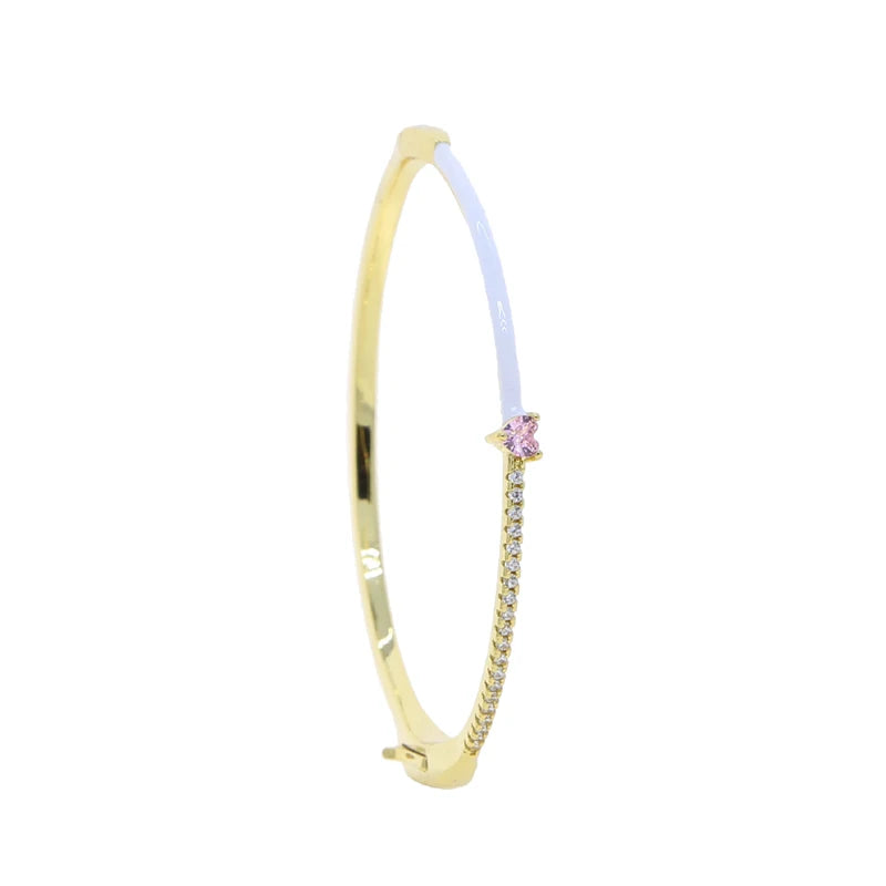 Enamel Cuff Bracelet with Pink Heart Zircon Charm Bangle