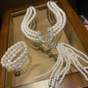 Pearl Tassel Flower Necklace Wedding Dress Bridal Matching Set