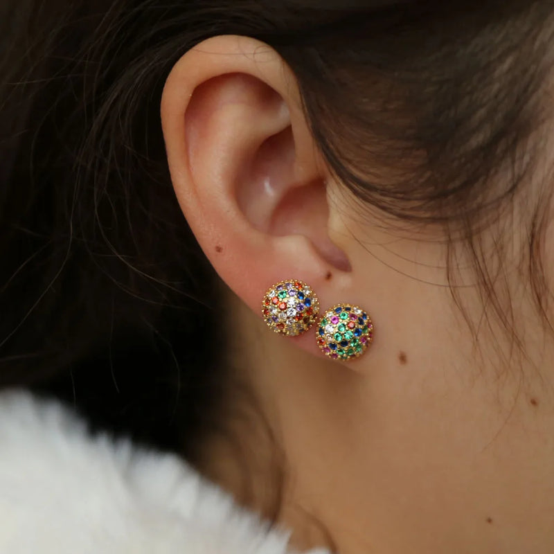 Round Rainbow CZ Ball Stud Earrings 925 Sterling Silver Dainty Jewelry