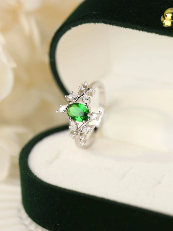 925 Sterling Silver Oval Green Zircon Ring - Personalized Female Ring
