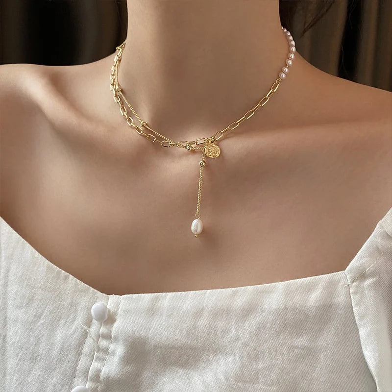 Vintage Coin Lock Pendant Pearl Choker Necklace