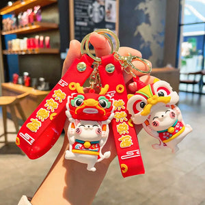 Fortune Cat Dragon Year Keychain Lion Head Cartoon Backpack Bell Keyholder