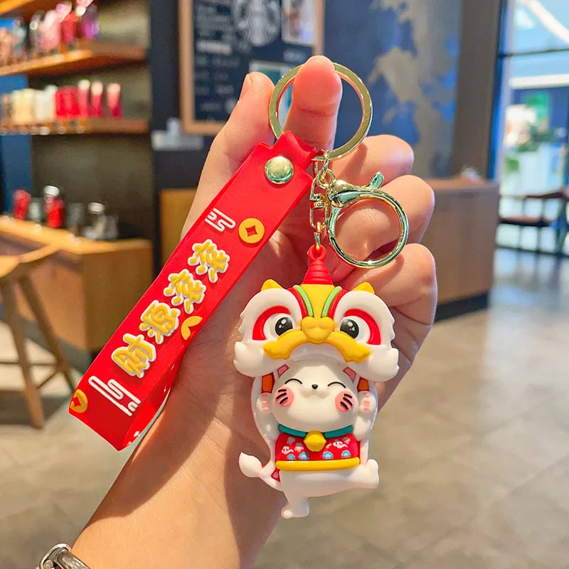 Fortune Cat Dragon Year Keychain Lion Head Cartoon Backpack Bell Keyholder