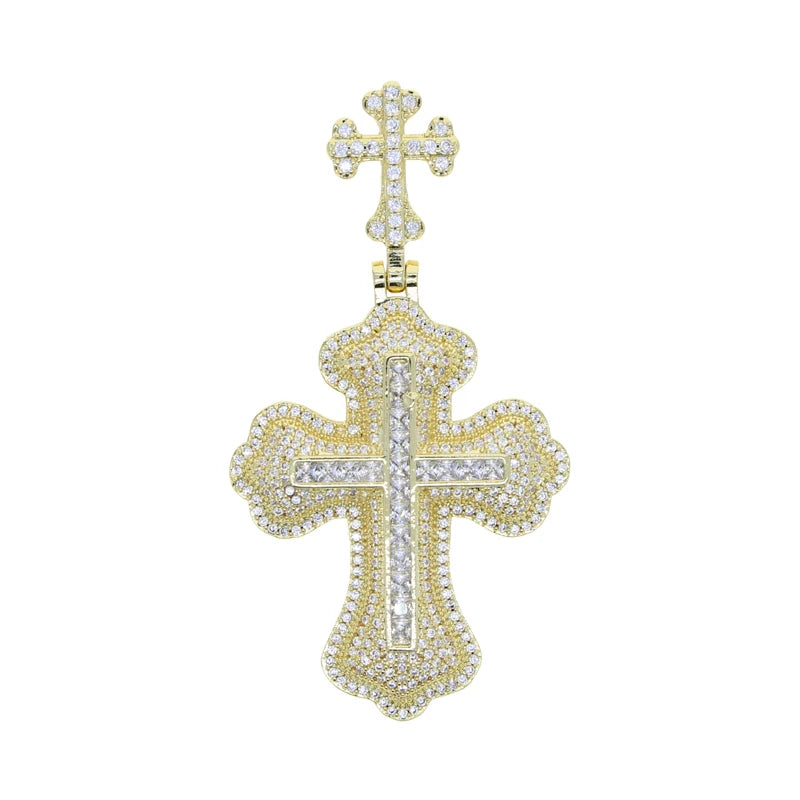 Hip Hop Men Boy Bling CZ Double Cross Pendant Necklace