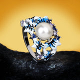 925 Silver Freshwater Pearl Flower Ring Enamel Jewelry