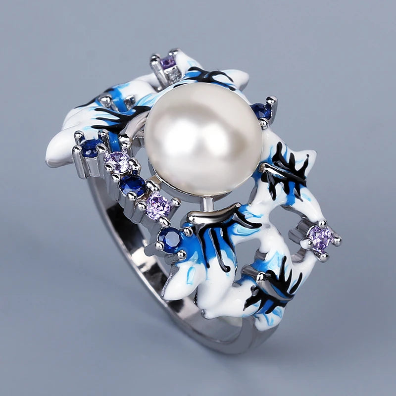 925 Silver Freshwater Pearl Flower Ring Enamel Jewelry