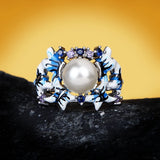 925 Silver Freshwater Pearl Flower Ring Enamel Jewelry