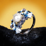 925 Silver Freshwater Pearl Flower Ring Enamel Jewelry