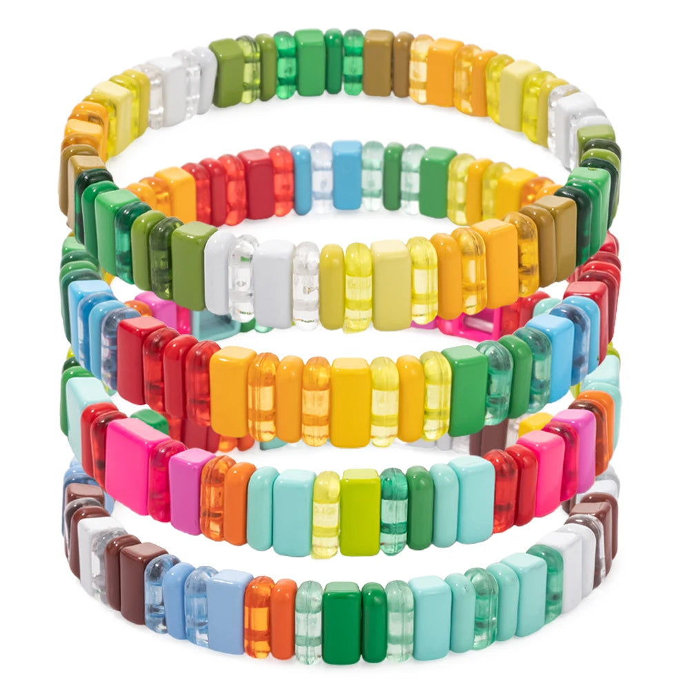 Colorful Beaded Bracelet for Women, Bohemian Elastic Bangle