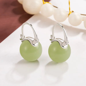 Retro Jade Bead Earrings 925 Sterling Silver Ear Buckle