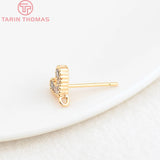 6PCS 6x7.5MM 24K Plated Brass Zircon Heart Stud Earrings DIY Jewelry Findings