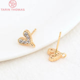 6PCS 6x7.5MM 24K Plated Brass Zircon Heart Stud Earrings DIY Jewelry Findings