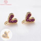 6PCS 6x7.5MM 24K Plated Brass Zircon Heart Stud Earrings DIY Jewelry Findings