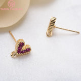 6PCS 6x7.5MM 24K Plated Brass Zircon Heart Stud Earrings DIY Jewelry Findings