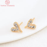 6PCS 6x7.5MM 24K Plated Brass Zircon Heart Stud Earrings DIY Jewelry Findings
