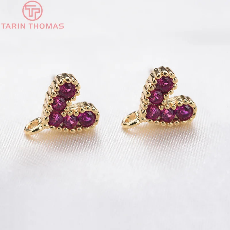 6PCS 6x7.5MM 24K Plated Brass Zircon Heart Stud Earrings DIY Jewelry Findings