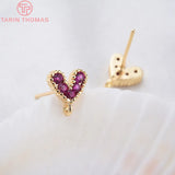 6PCS 6x7.5MM 24K Plated Brass Zircon Heart Stud Earrings DIY Jewelry Findings