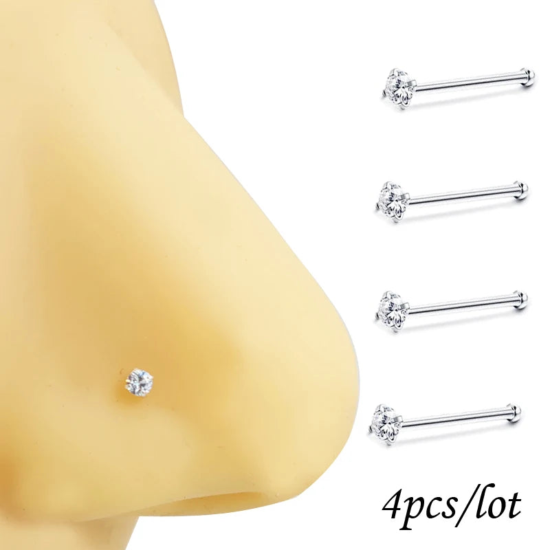 925 Sterling Silver Round CZ Nose Studs Rings Piercing Body Jewelry