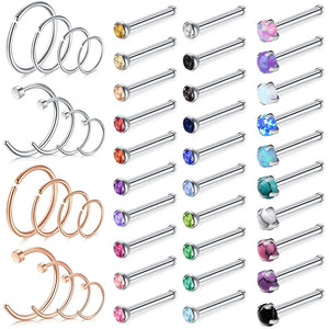 20G Stainless Steel Nose Ring Hoop Nose Studs Piercings Jewelry 46Pcs