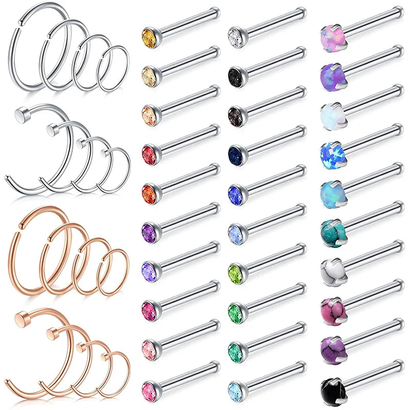 20G Stainless Steel Nose Ring Hoop Nose Studs Piercings Jewelry 46Pcs