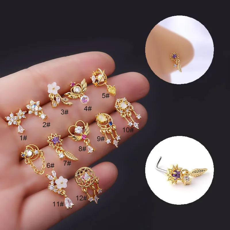 20G Stainless Steel CZ Nose Rings Nose Studs L Shaped Corkscrew Dangle Nose Jewe