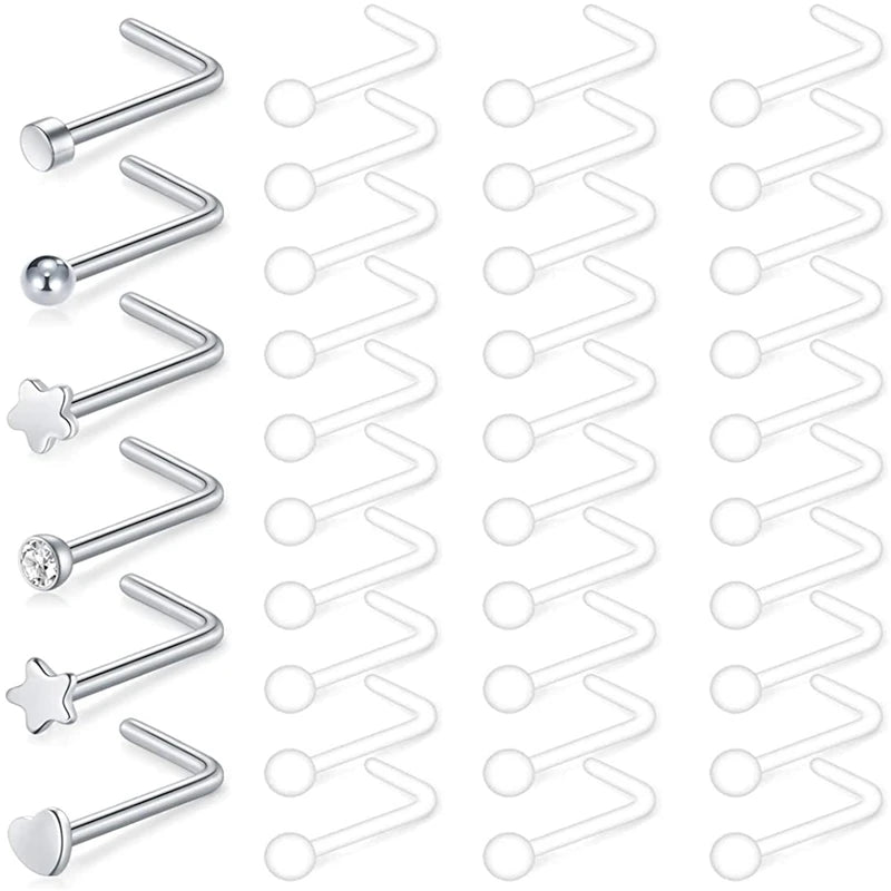 20G Steel Bone Nose Rings Studs & Clear Retainer Nose Screw Piercing