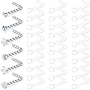 20G Steel Bone Nose Rings Studs & Clear Retainer Nose Screw Piercing