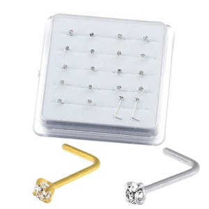 20PCS/Box Sterling L Shape Nose Stud Ring 2mm Clear Crystal Nose Piercing