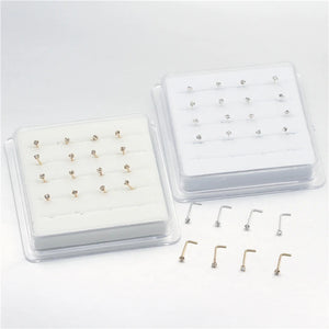 20PCS/Box Sterling L Shape Nose Stud Ring 2mm Clear Crystal Nose Piercing