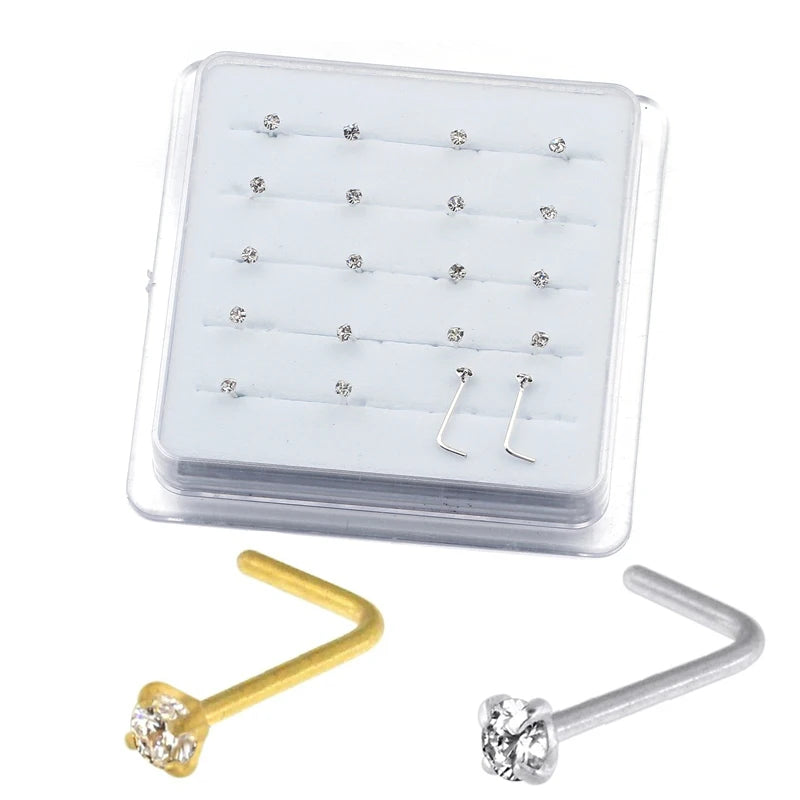 20PCS/Box Sterling L Shape Nose Stud Ring 2mm Clear Crystal Nose Piercing