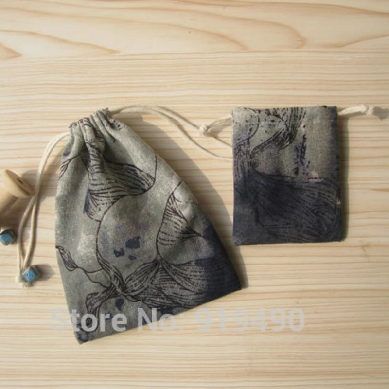 20PCS Chinese Ink Painting Linen Drawstring Storage Bags