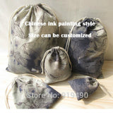 20PCS Chinese Ink Painting Linen Drawstring Storage Bags