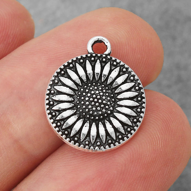 20PCS Tibetan Silver Flower Sunflowers Round Charms Pendants for Necklace Making