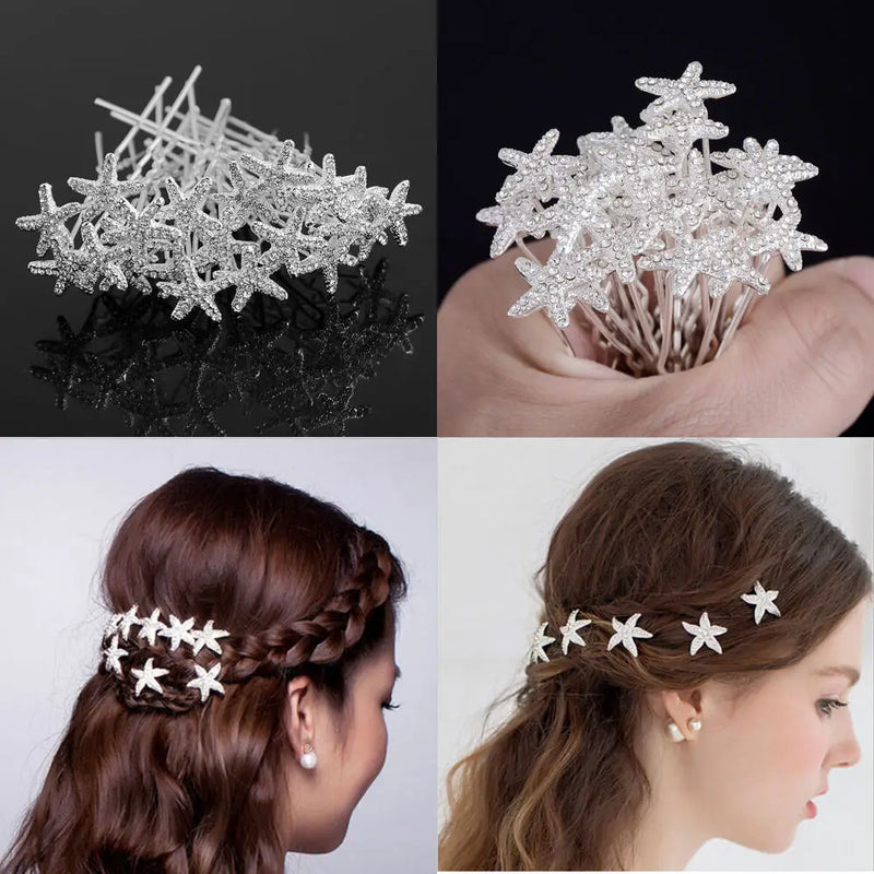 20PCS Wedding Bridal Hairpin Silver Starfish Crystal Hair Clip Pins
