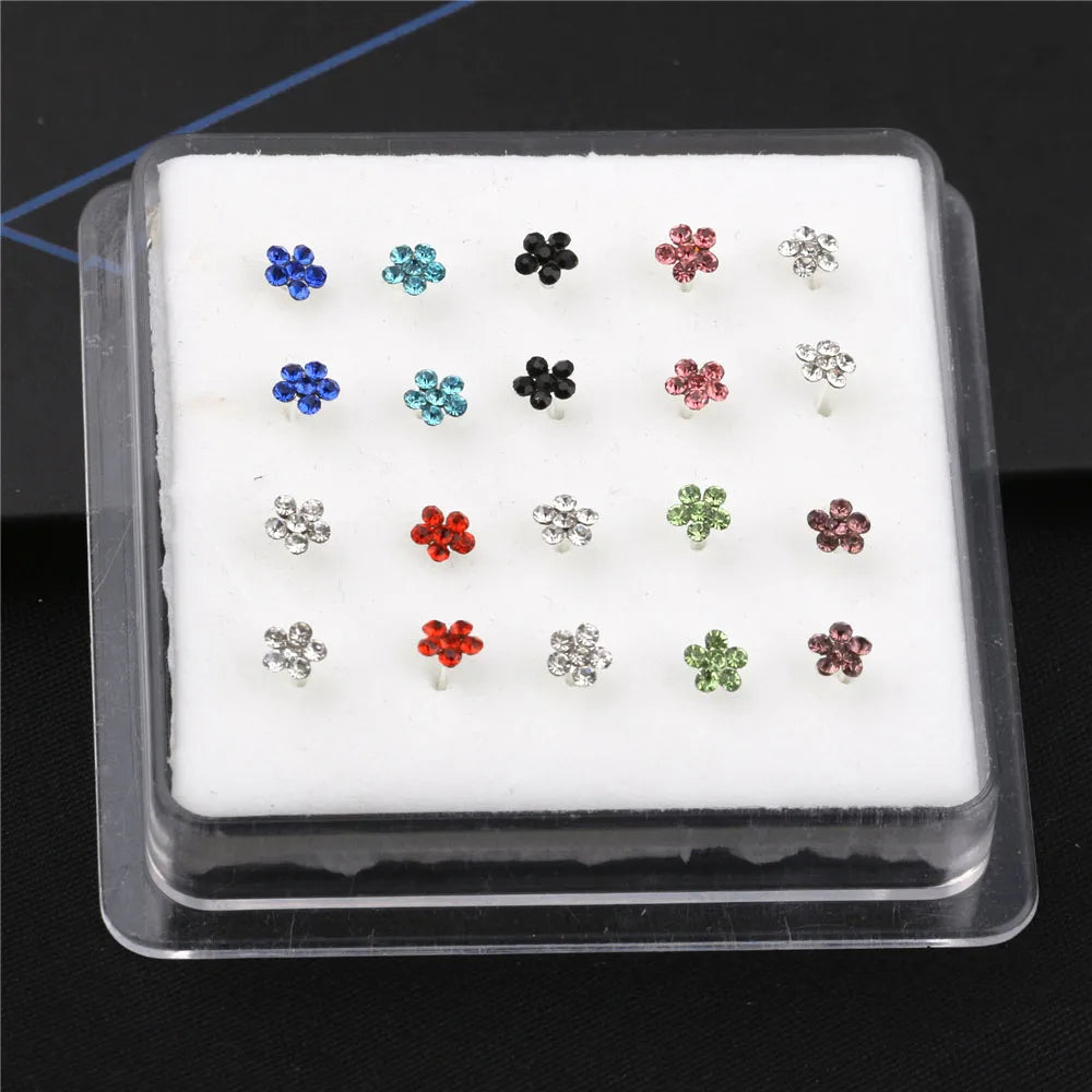 20Pcs/Box Colored Crystal Flower Nose Rings Nose Studs Body Piercing Jewelry