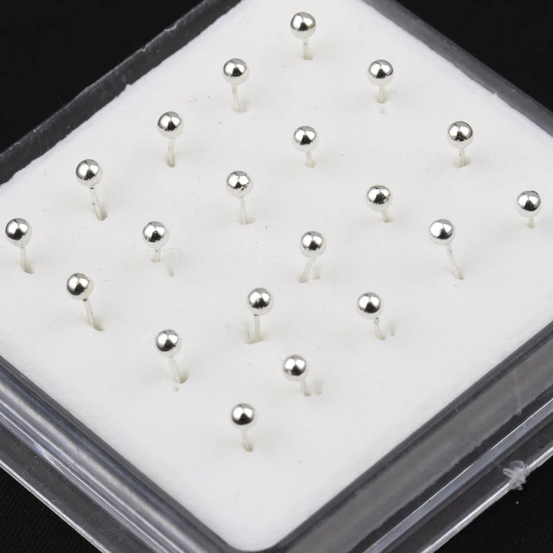 20Pcs Box Small Ball Nose Rings Piercing Studs 2.0mm 925 Silver