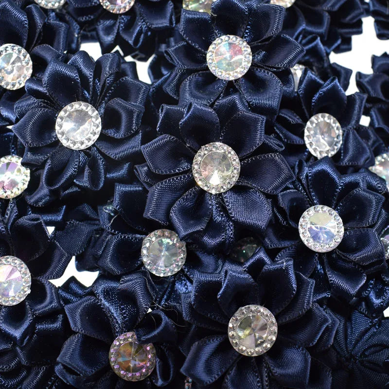 20Pcs Dark Petaled Satin Ribbon Flowers with AB Rhinestone Button
