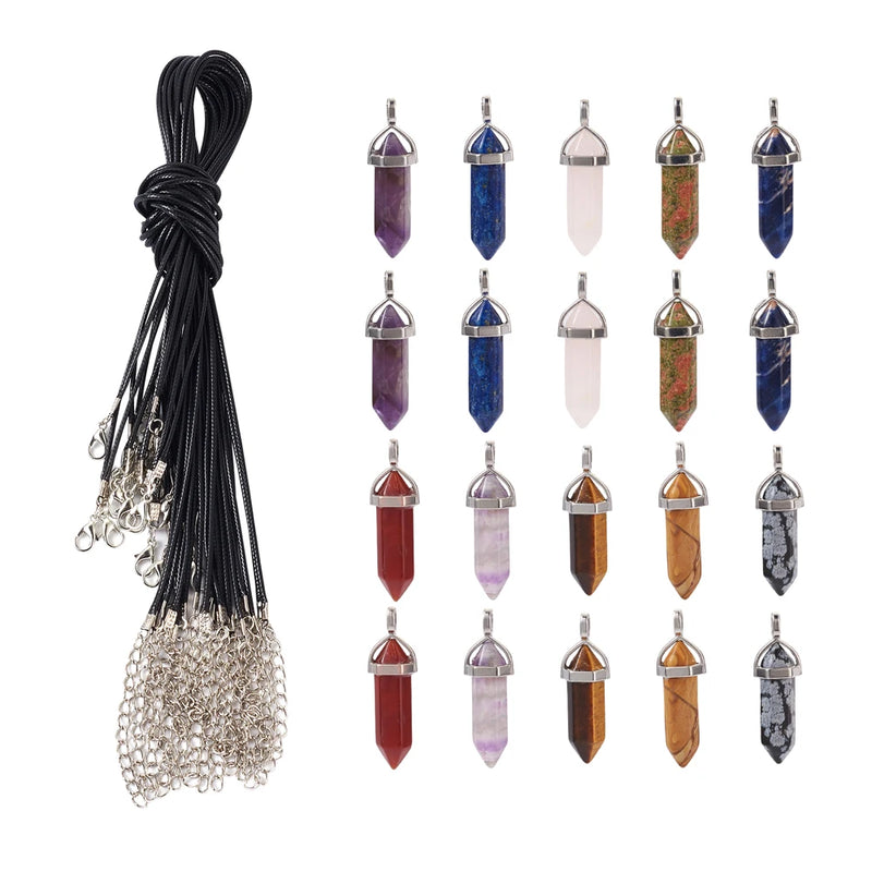 20Pcs Natural Stone Pendant Set with Waxed Cord for Jewelry Making